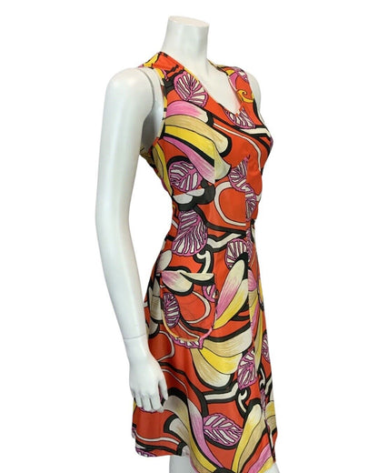 VINTAGE 60s 70s PSYCHEDELIC ORANGE PRINK YELLOW MIDI DRESS 12 14