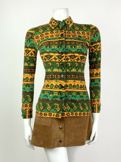 VINTAGE 60s 70s YELLOW GREEN BROWN FLORAL STRIPED PSYCHEDELIC DAGGER SHIRT 8