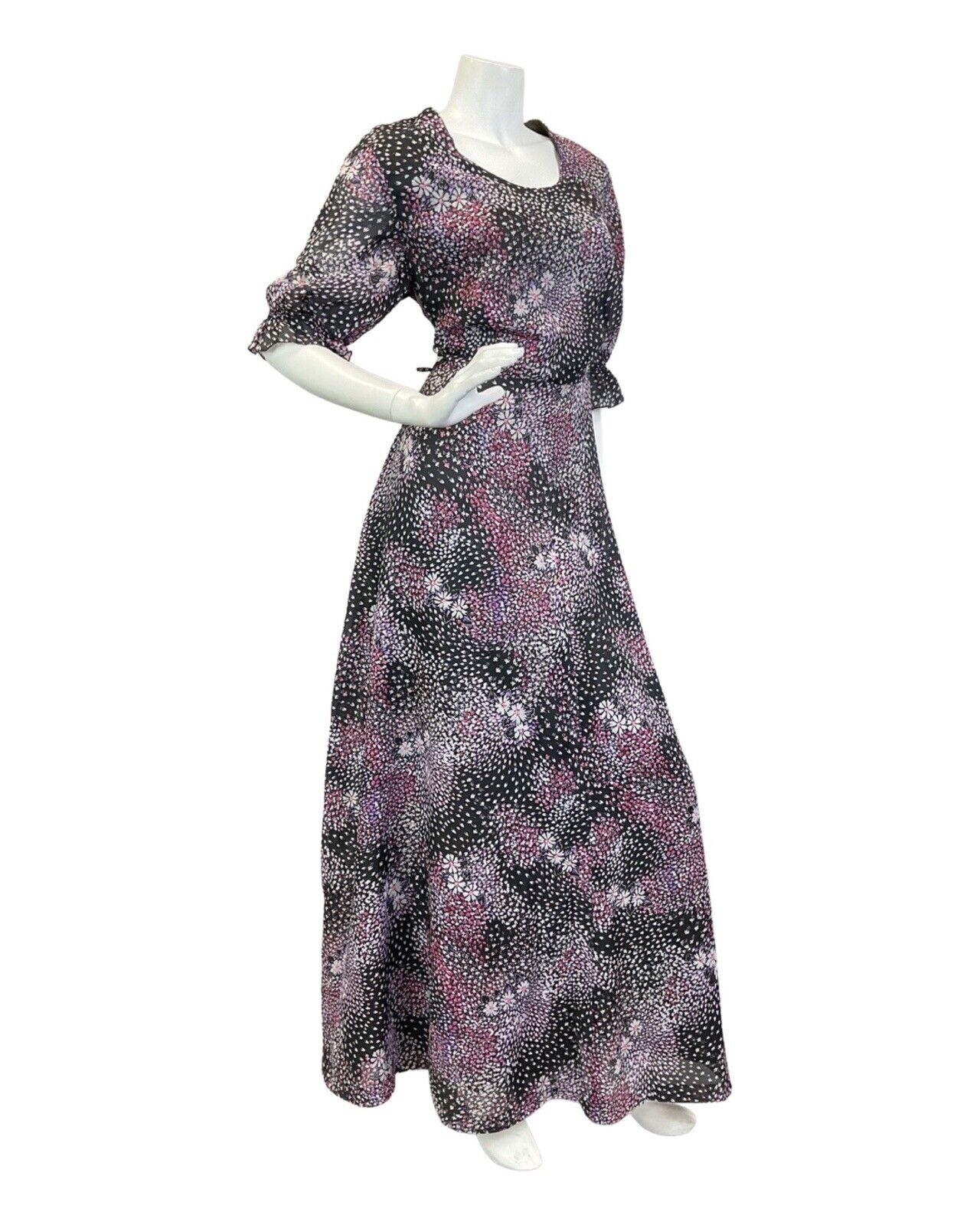 VINTAGE 60s 70s BLACK PURPLE WHITE DITSY FLOWER DAISY SHEER SUMMER MAXI DRESS 16