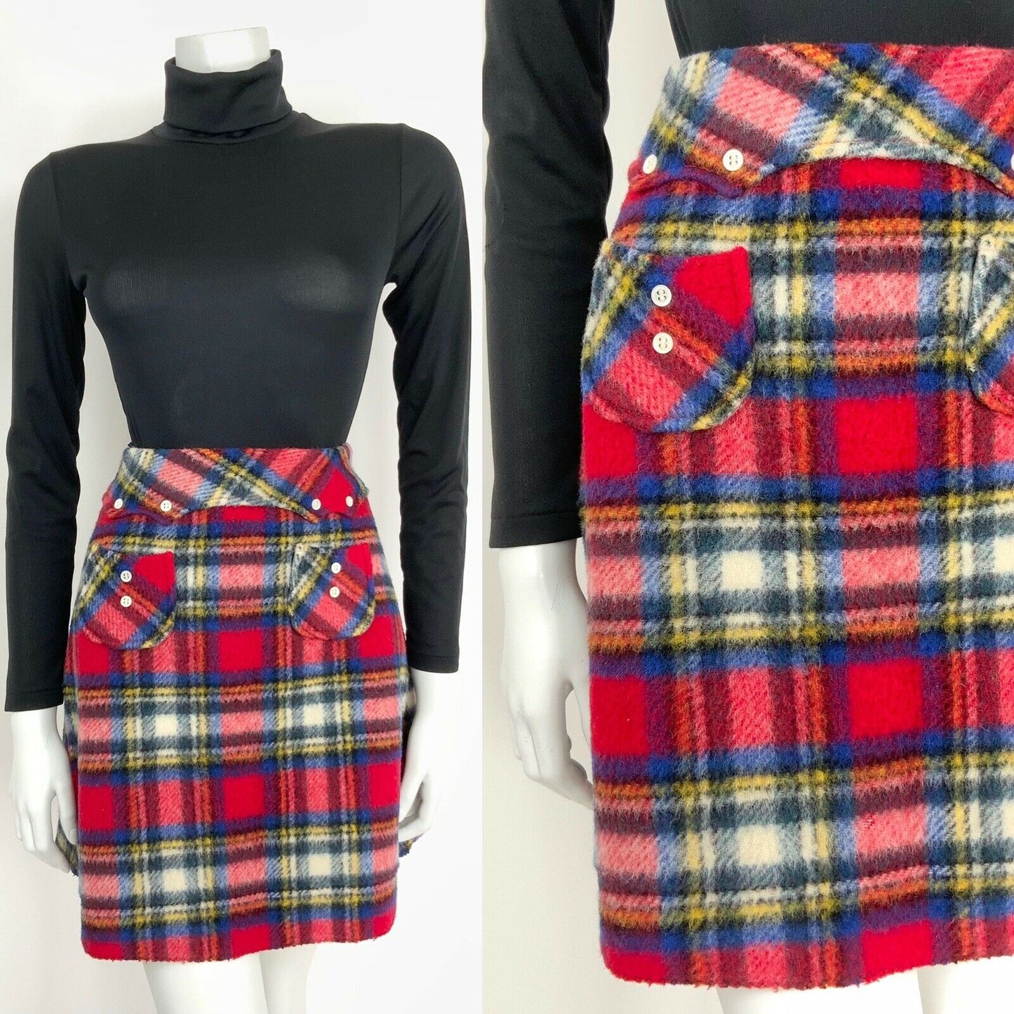 VINTAGE 60s 70s BLUE RED WHITE YELLOW WOOL TARTAN A-LINE MOD SHORT SKIRT 10