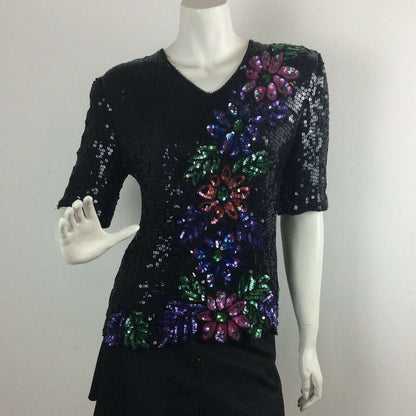 VINTAGE 80S SEQUIN BLACK PINK PURPLE, GREEN BLUE FLOWER TOP 10 12