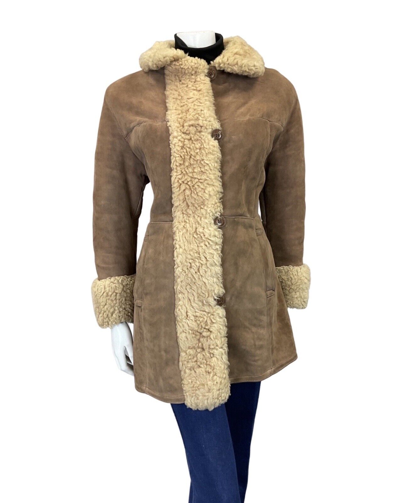 VINTAGE 60s 70s PEANUT BROWN SUEDE LEATHER MOD BOHO SHEARLING SHORT COAT 12