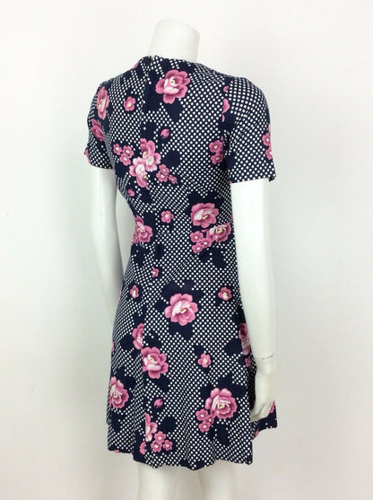 STUNNING VINTAGE 60S 70S POLKA DOT NAVY BLUE WHITE PINK FLORAL DRESS 8 10