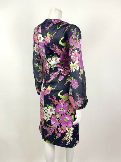 VINTAGE 60s 70s NAVY BLUE PURPLE PINK GREEN FLORAL PUFF SLEEVE DRESS 10 12