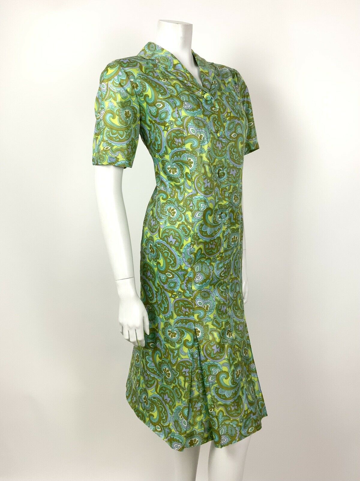 VINTAGE 60s 70s GREEN BLUE PURPLE FLORAL PAISLEY PSYCHEDELIC SHIRT DRESS 14 16