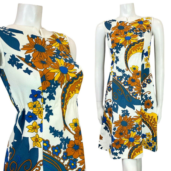 VINTAGE 60s 70s WHITE BLUE YELLOW PSYCHEDELIC FLORAL SLEEVELESS MOD DRESS 6