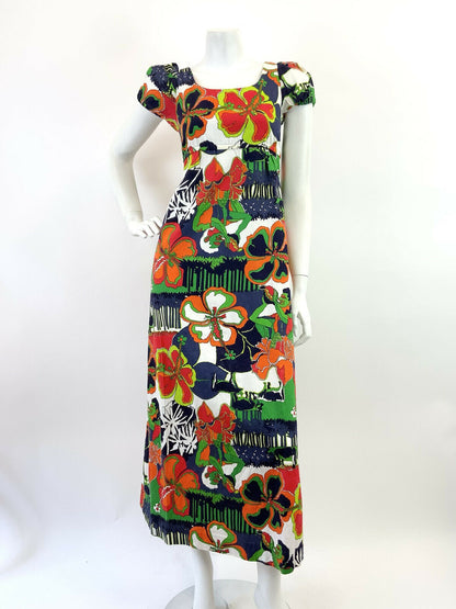 VINTAGE 60s 70s BLUE WHITE GREEN ORANGE HAWAIIAN FLORAL EMPIRE LINE MAXI DRESS 8