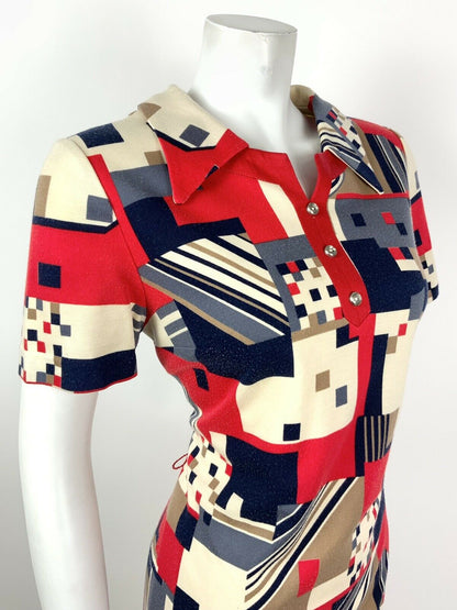 VINTAGE 60s 70s CREAM RED BLUE BROWN GEOMETRIC MOD DAGGER SHIFT DRESS 10 12