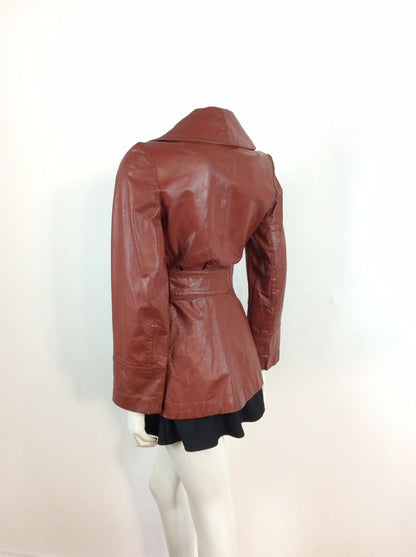 CLASSIC TRUE VINTAGE 60s 70s  BROWN BURGUNDY WINE LEATHER WRAP JACKET 8 10 12