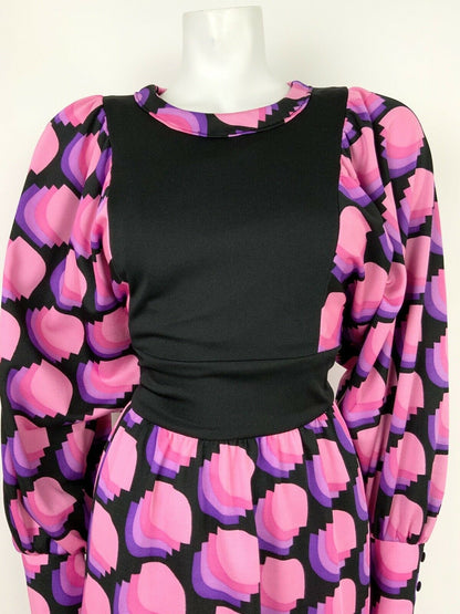 VTG 60s 70s BLACK PINK LILAC PURPLE OP-ART GEOMETRIC BATWING SLEEVE DRESS 14 16