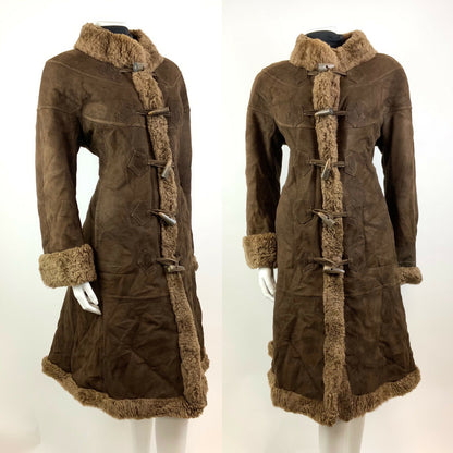 VINTAGE 60s 70s DARK BROWN SUEDE LEATHER TOGGLE FUR COLLAR ZHIVAGO BOHO COAT 14