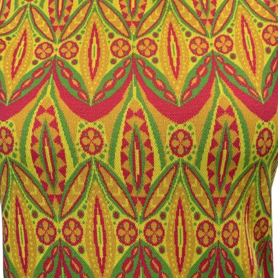 VINTAGE 60s 70s YELLOW ORANGE PINK GREEN FUNKY PRINT KNITTED MIDI MOD DRESS 14