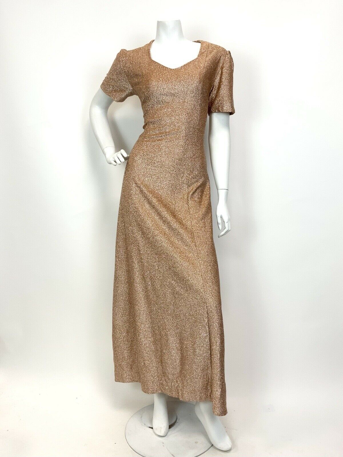 VTG 60s 70s PEACH COPPER METALLIC LUREX GLAM STUDIO 54 PARTY MAXI DRESS 12