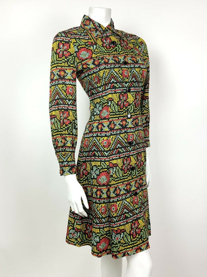 VTG 60 70s BLACK BLUE YELLOW RED FLORAL AZTEC FOLK GYPSY DAGGER SHIRT DRESS 8 10