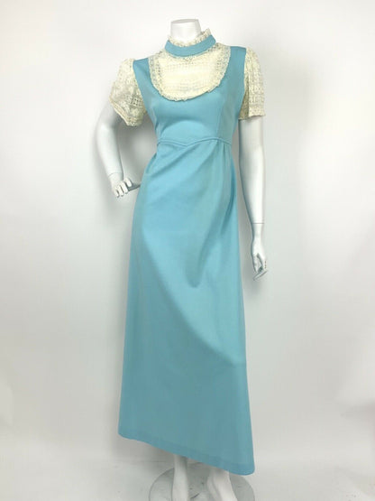 VTG 60s 70s BABY BLUE CREAM LACE PRAIRIE FOLK MAXI DRESS 12