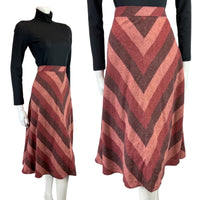 VINTAGE 60s 70s RED BROWN PINK STRIPED WOOL KNEE-LENGTH SWING SKIRT 8 10