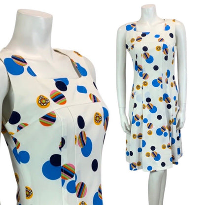 VINTAGE 60s 70s WHITE BLUE NAVY PINK SPOTTY ABSTRACT PRINT MOD DRESS DRESS 10