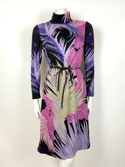 VTG 60s 70s PURPLE PINK BLACK GOLD FLORAL FEATHER TURTLENECK BELTED DRESS 10 12