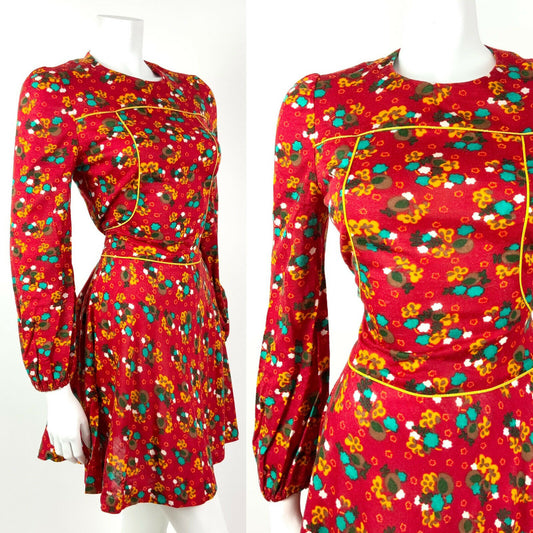 VINTAGE 60s 70s RED YELLOW BLUE FLORAL DITSY MOD PUFF SLEEVE MINI DRESS 8 10