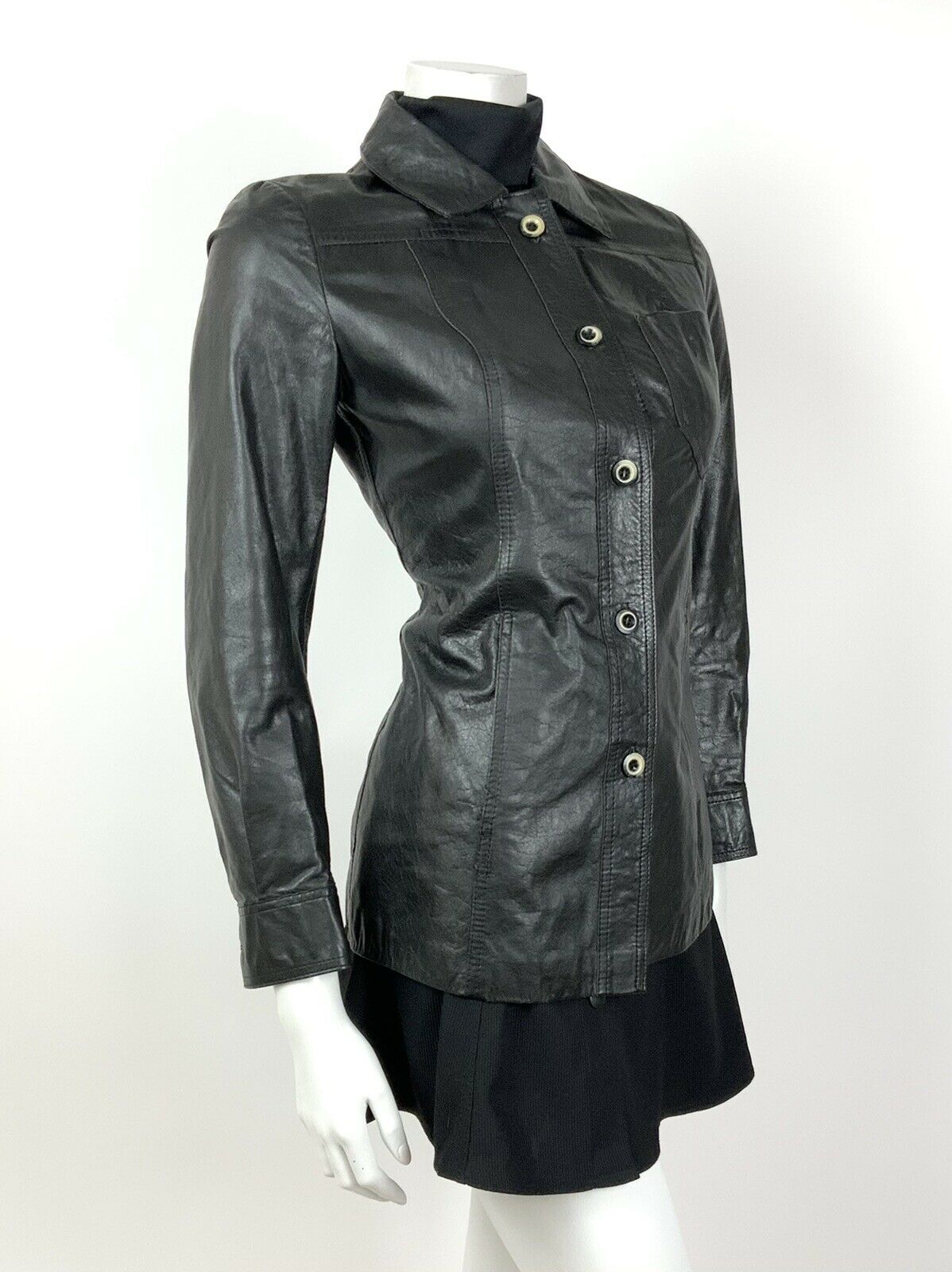 VINTAGE 60s 70s BLACK BUTTONED SHORT LEATHER JACKET 8 10