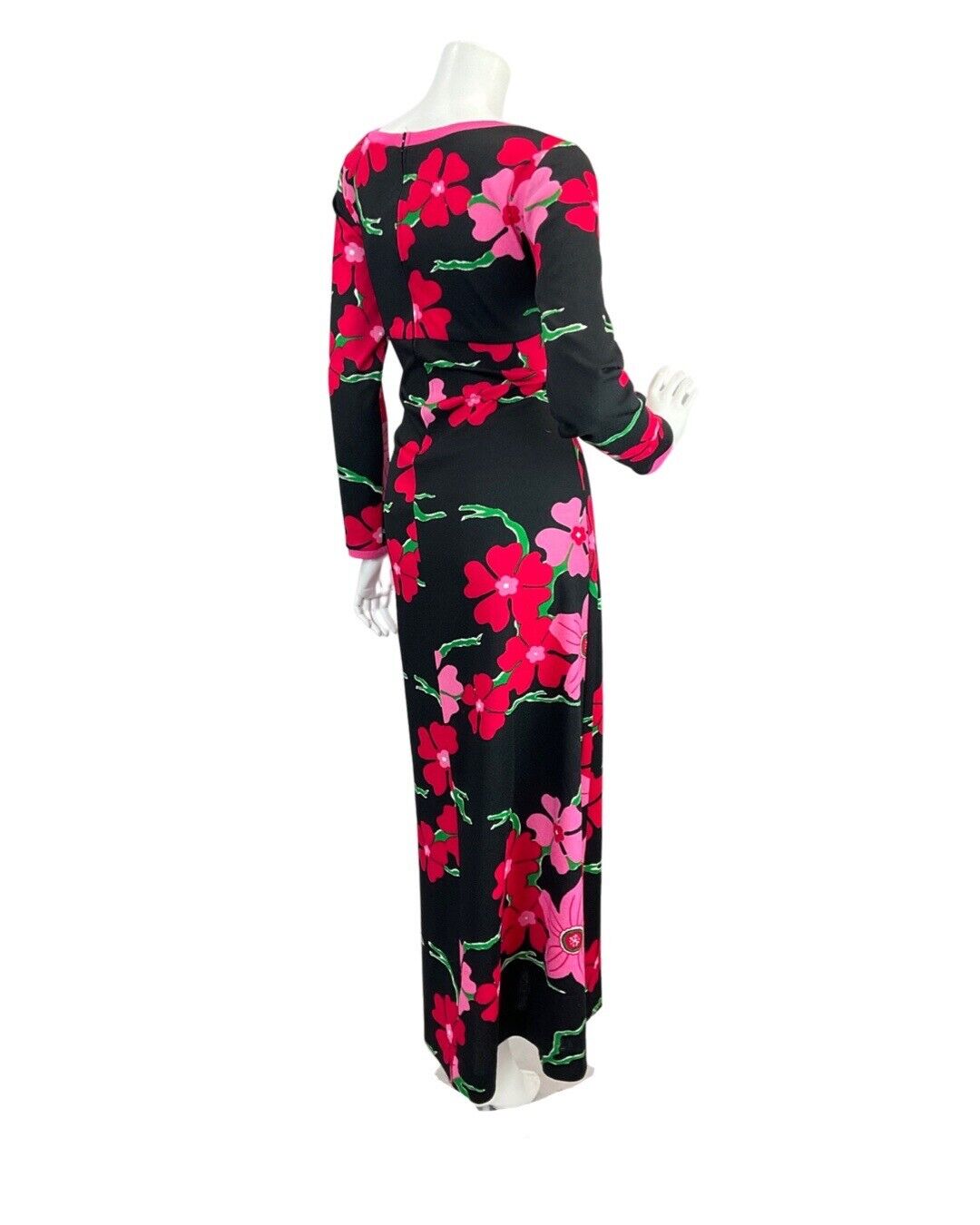 VINTAGE 60s 70s BLACK PINK GREEN FLORAL BLOSSOM MOD ALMEDAHL MAXI DRESS 12