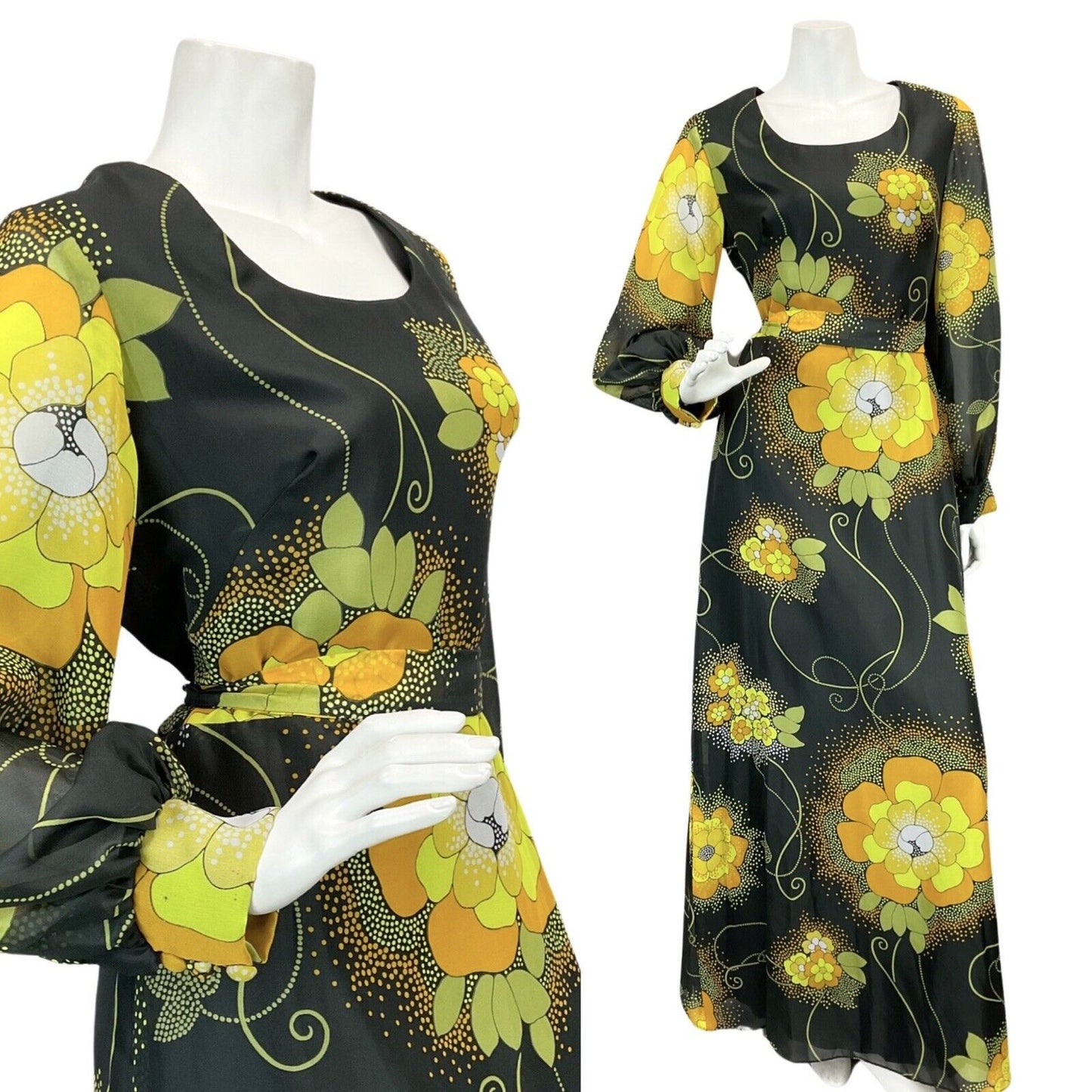 VTG 60s 70s BLACK YELLOW ORANGE FLORAL PRINT PSYCHEDELIC MAXI DRESS 10 12