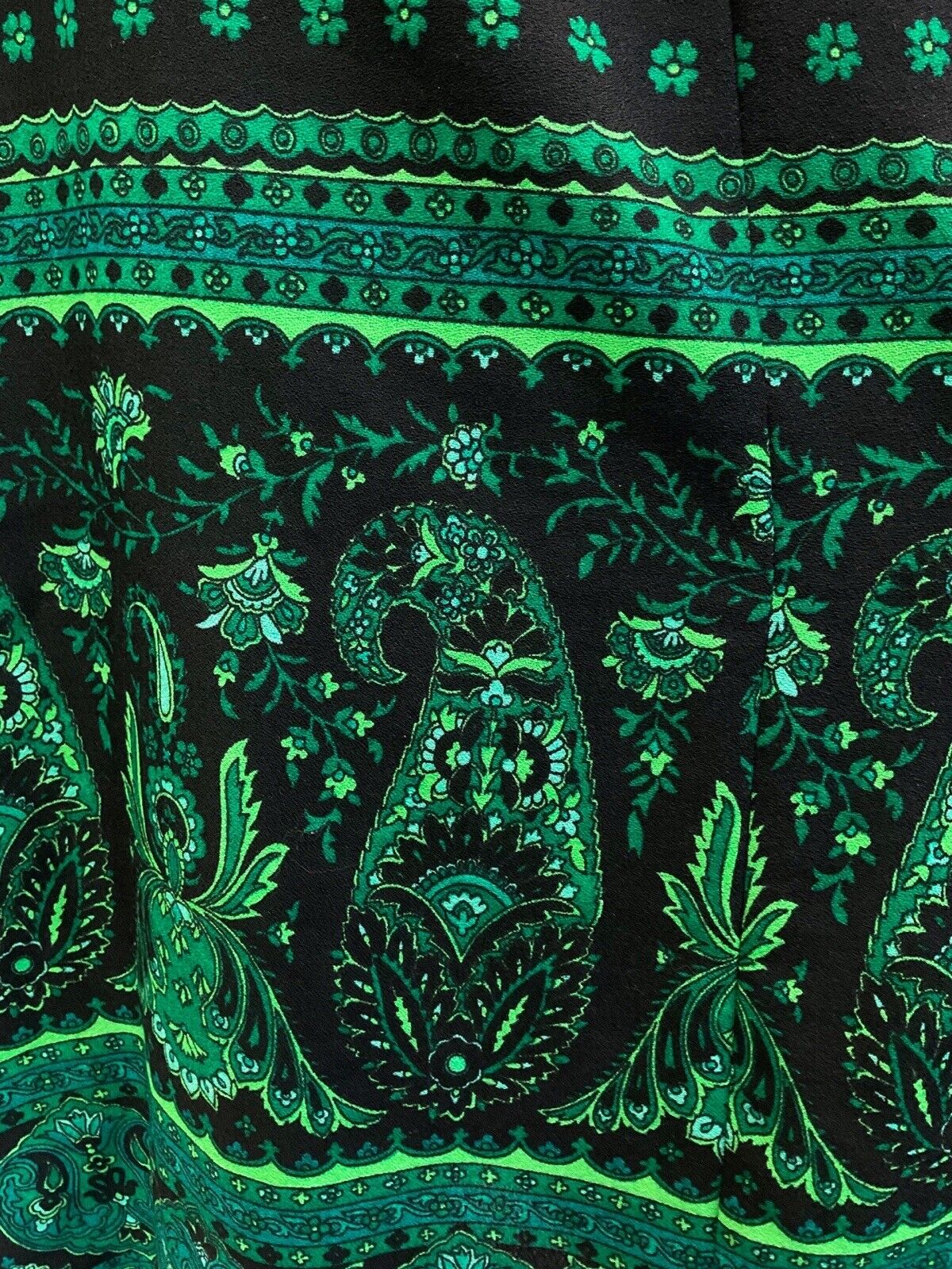 VINTAGE 60s 70s BLACK GREEN FLORAL PAISLEY MANDALA BOHO MAXI DRESS 10 12