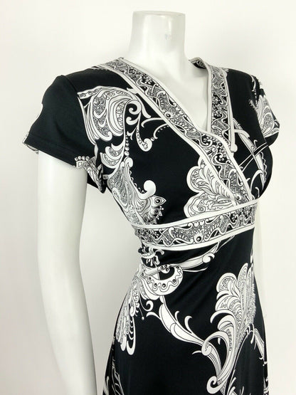 VINTAGE 60s 70s BLACK WHITE FLORAL GRECIAN PAISLEY WRAP DRESS 12 14