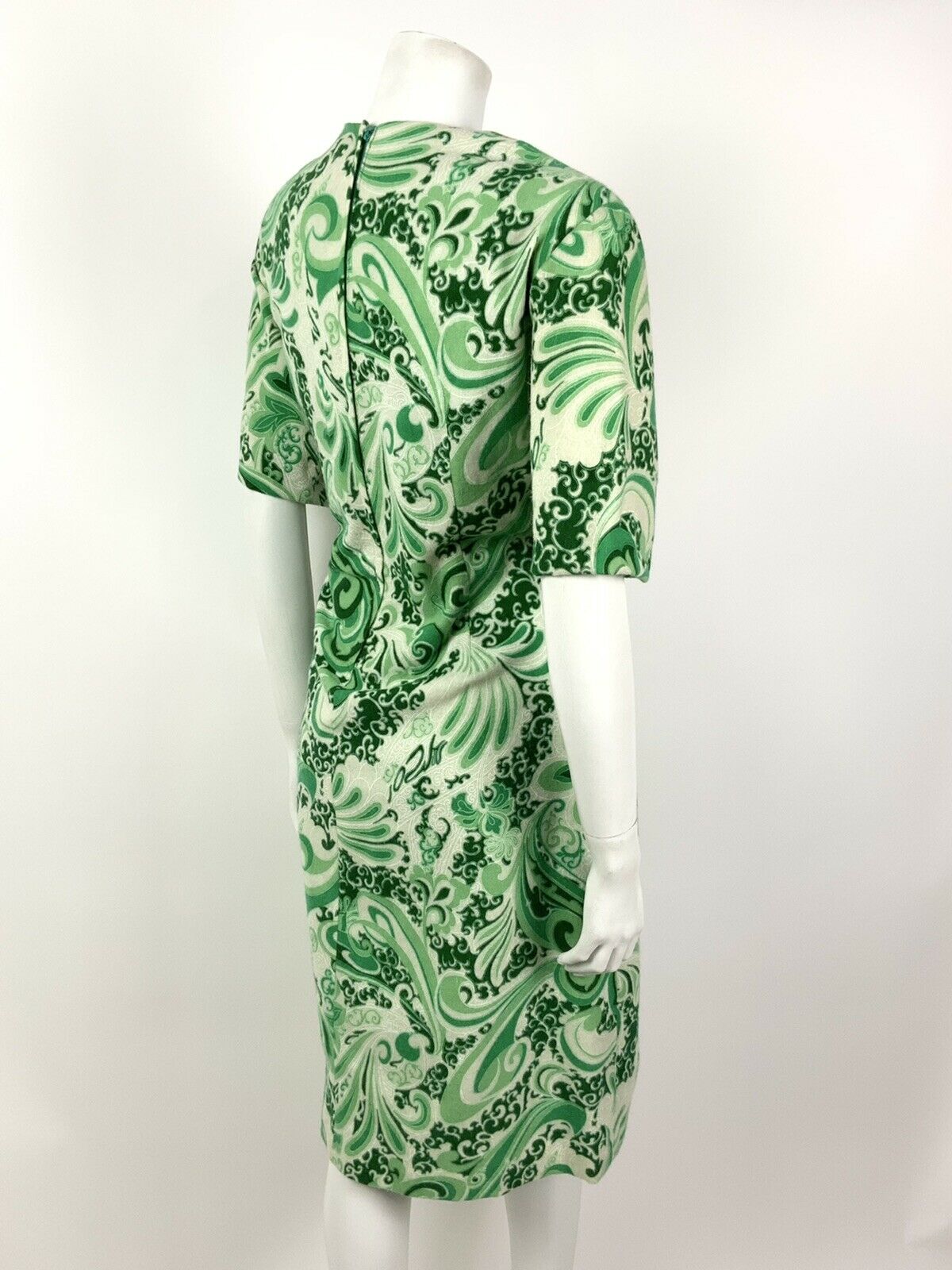 VTG 60s 70s FOREST GREEN CREAM SWIRL PSYCHEDELIC SCROLL SHIFT DRESS 14 16