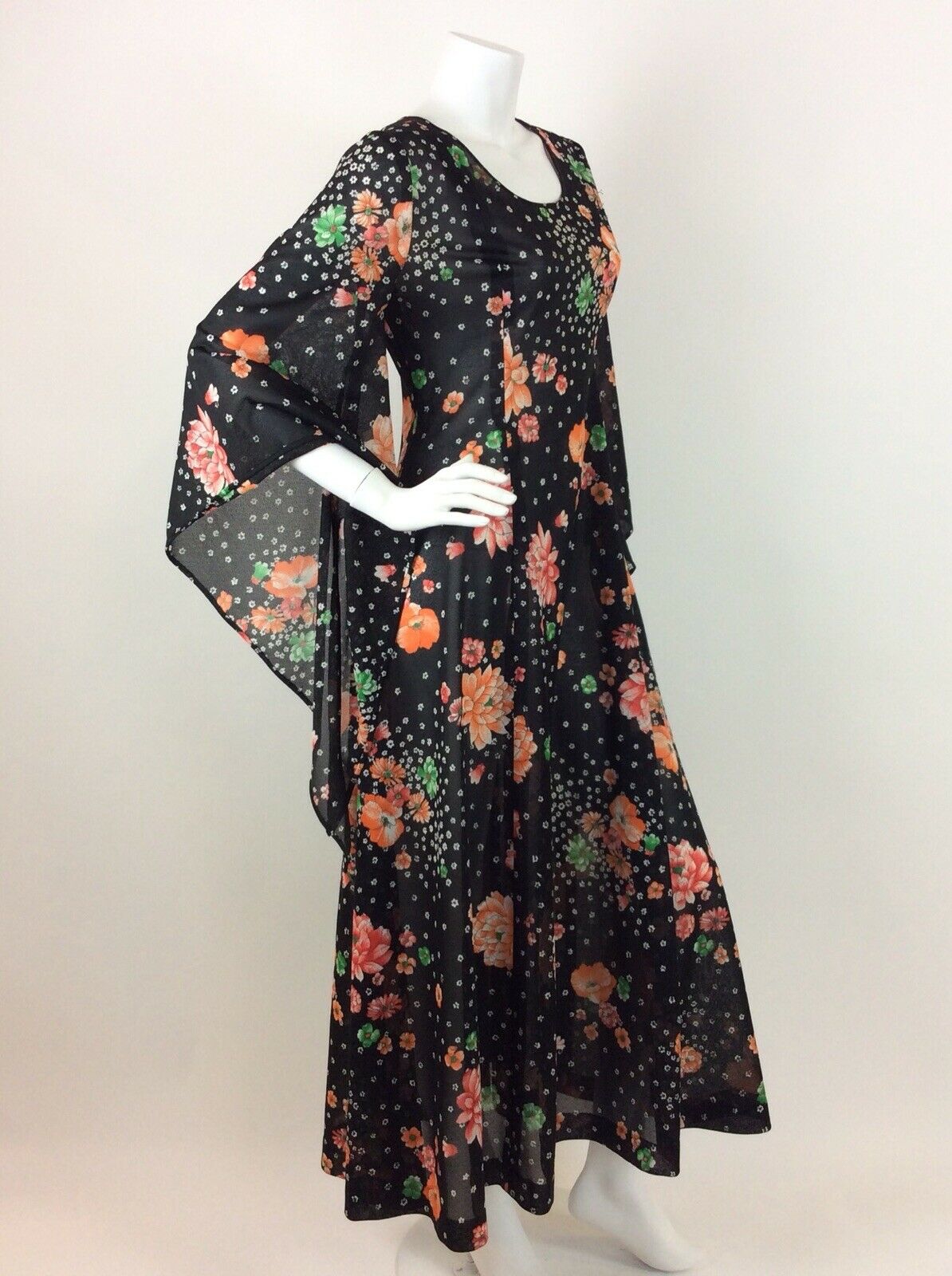 BLACK GREEN ORANGE VTG 70S FLARE SLEEVE MAXI DRESS 10 12