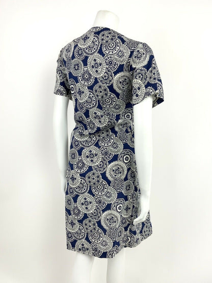 VINTAGE 60s 70s NAVY BLUE WHITE GEOMETRIC FLORAL MANDALA SHIFT DRESS 12