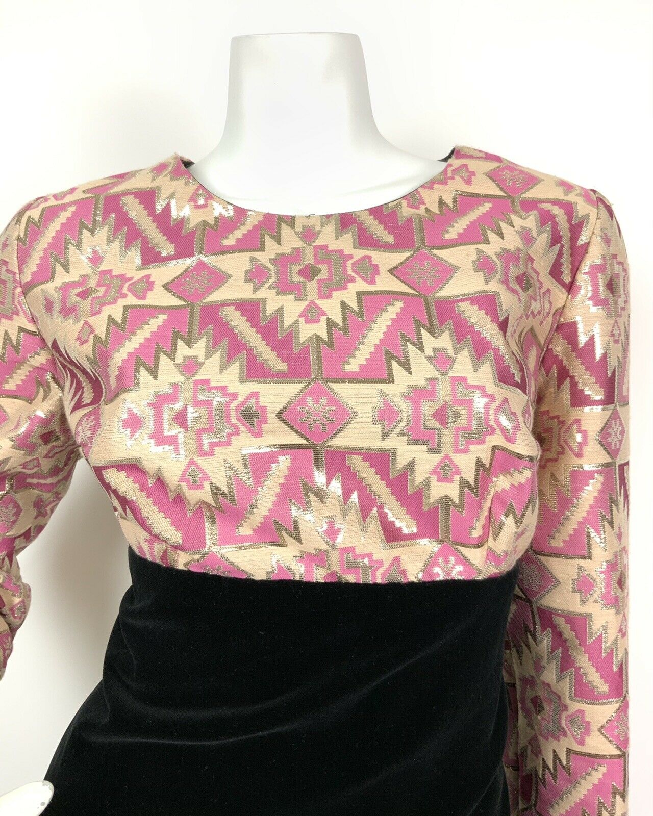 VINTAGE 60s 70s BLACK PINK GOLD SILVER GEOMETRIC AZTEC VELVET MAXI DRESS 12