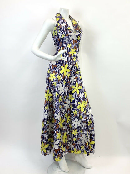 VTG 60s 70s BLUE WHITE YELLOW CHEVRON STRIPED FLORAL MOD HALTER MAXI DRESS 10