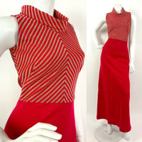 VTG 60s 70s MOD BRIGHT RED GOLD STRIPED ROLL NECK FESTIVE DISCO MAXI DRESS 8