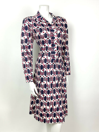 VINTAGE 60s 70s WHITE BLUE RED GEOMETRIC DAGGER COLLAR MOD SHIRT DRESS 14 16