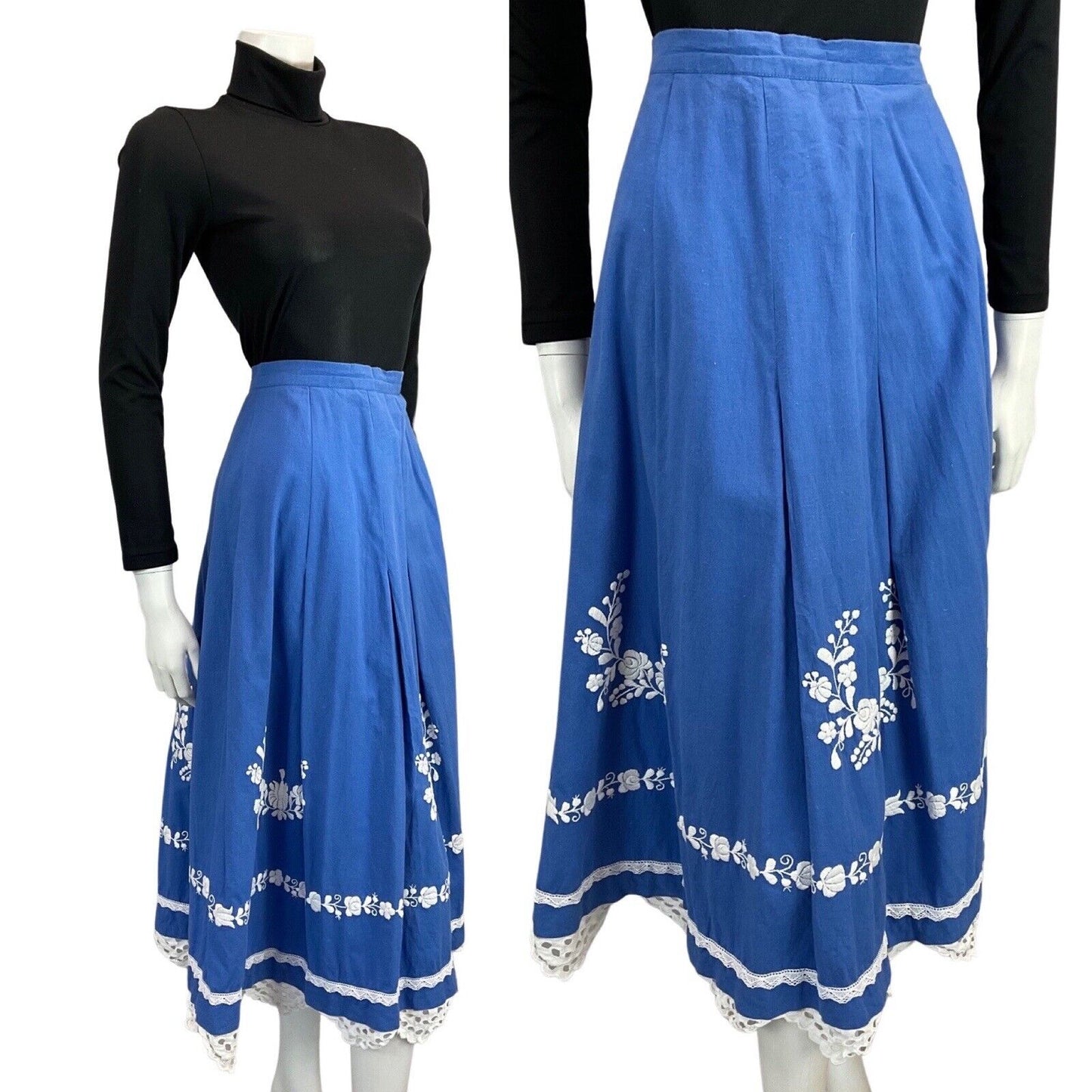 VINTAGE 60s 70s BLUE FLOATY BOHO FOLK PRAIRIE SKIRT WITH FLORAL EMBROIDERY 10