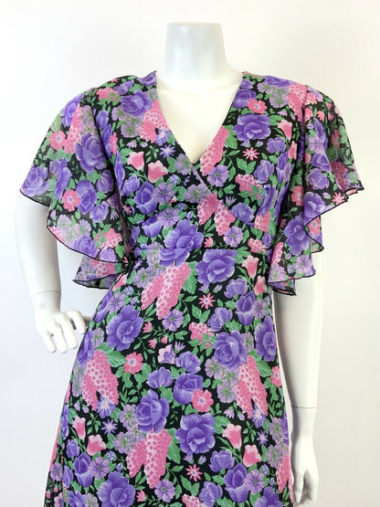 VINTAGE 60s 70s PURPLE PINK BLACK FLORAL SHEER CAPE SLEEVE MAXI DRESS 8 10