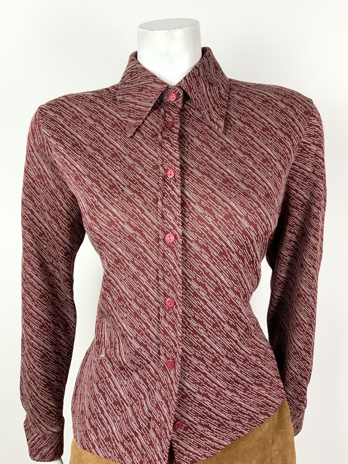 VINTAGE 60s 70s WINE RED WHITE STRIPED DAGGER COLLAR MOD SHIRT BLOUSE 16 18