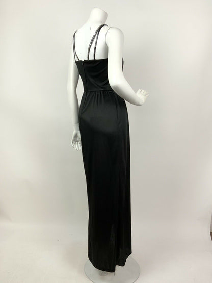 VINTAGE 60s 70s BLACK SILVER SEQUIN COCKTAIL PARTY DECO STRAPPY MAXI DRESS 6