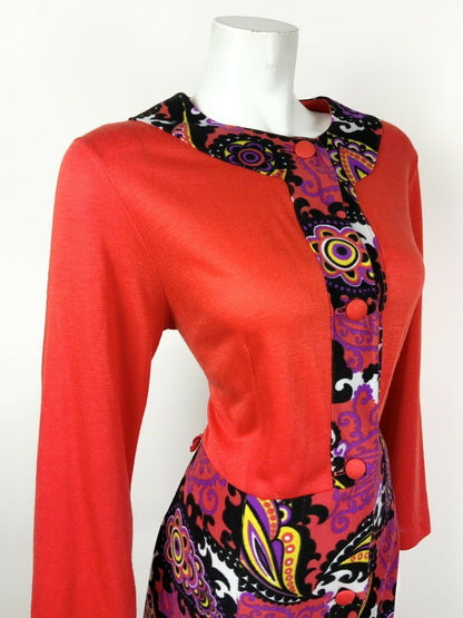 VTG 60s 70s RED BLACK PURPLE YELLOW PSYCHEDELIC FLORAL PAISLEY MAXI DRESS 16 18