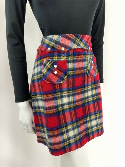 VINTAGE 60s 70s BLUE RED WHITE YELLOW WOOL TARTAN A-LINE MOD SHORT SKIRT 10