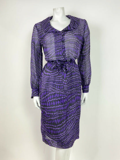 VTG 60s 70s BLACK PURPLE DIAMOND WAVY PSYCHEDELIC SHEER SHIRT DRESS 12 14