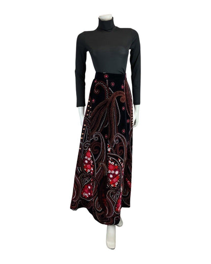 VINTAGE 60s 70s BLACK RED WHITE DOTTY DAISY PAISLEY VELVET MAXI SKIRT 4