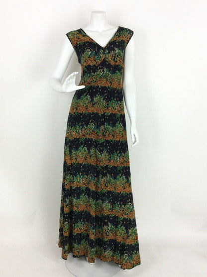 VINTAGE 60s 70s MAXI DRESS ABSTRACT LEAF TEARDROP GREEN ORANGE BLUE BLACK 14 16