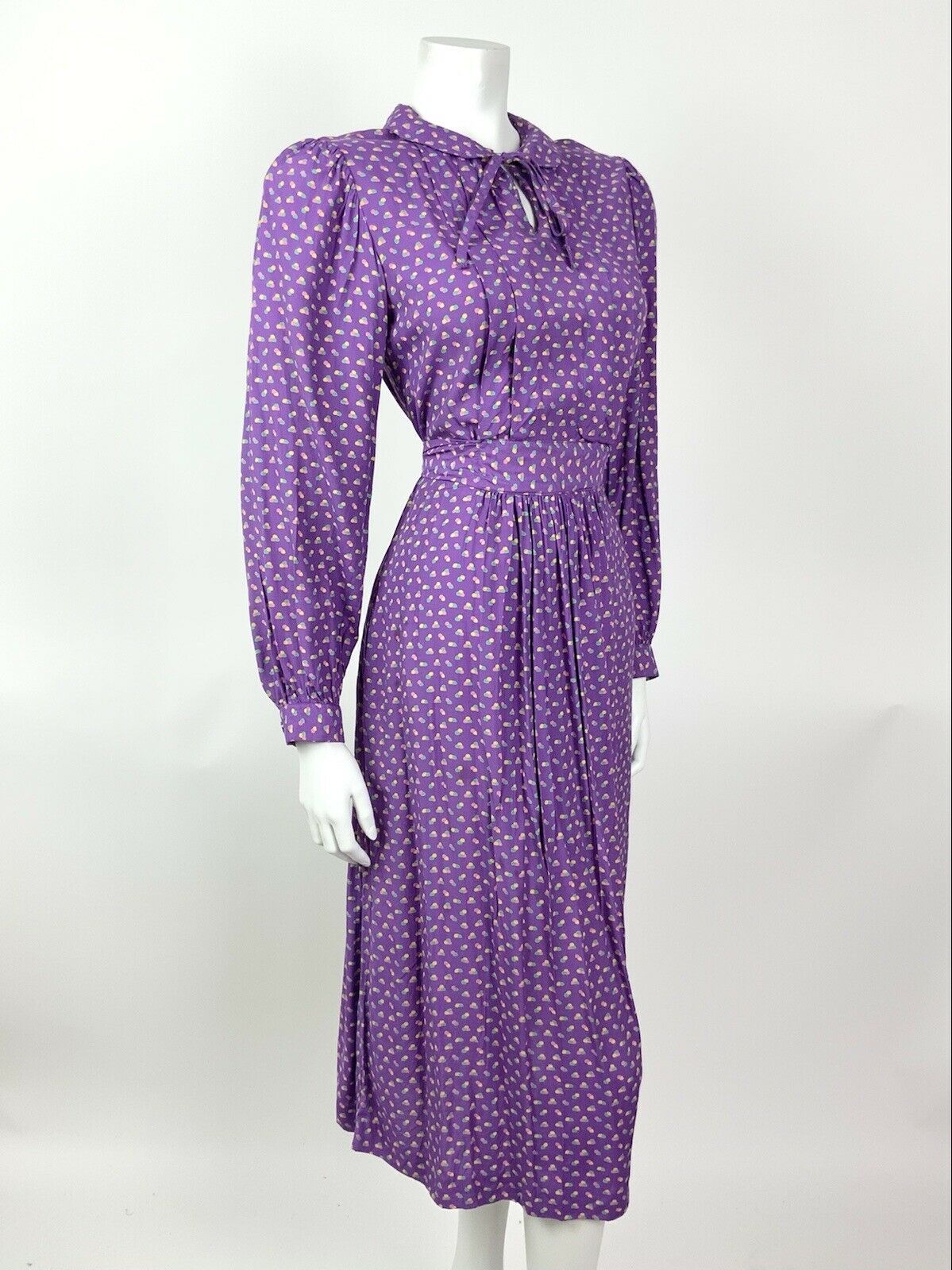 VINTAGE 60s 70s PURPLE GREEN PINK DOTTY DITSY PETER PAN BOW MIDI DRESS 8 10