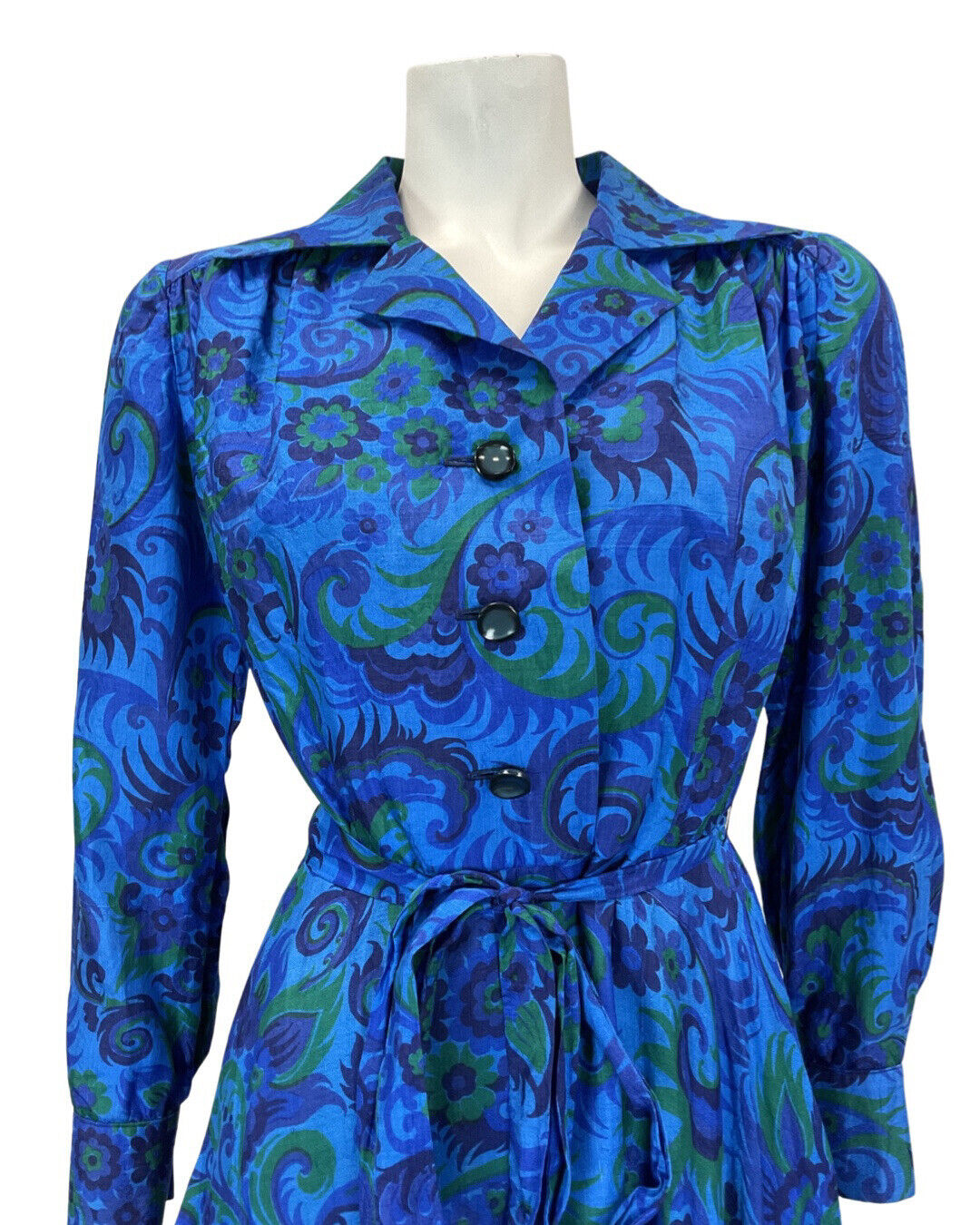 VINTAGE 60s 70s BLUE GREEN PSYCHEDELIC FLORAL FEATHER MOD SILK SHIRT DRESS 8 10