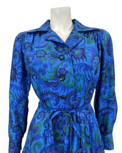 VINTAGE 60s 70s BLUE GREEN PSYCHEDELIC FLORAL FEATHER MOD SILK SHIRT DRESS 8 10