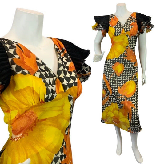 VINTAGE 60s 70s YELLOW BLACK WHITE PSYCH MOD FLORAL PLEATED SLEEVE MAXI DRESS 8