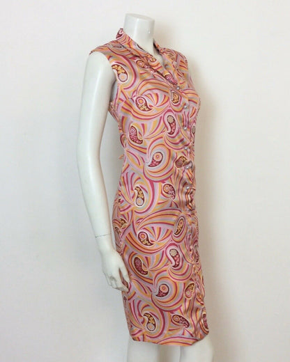 VINTAGE 60S 70S PINK ORANGE SWIRLY PSYCHEDELIC PAISLEY DRESS 14