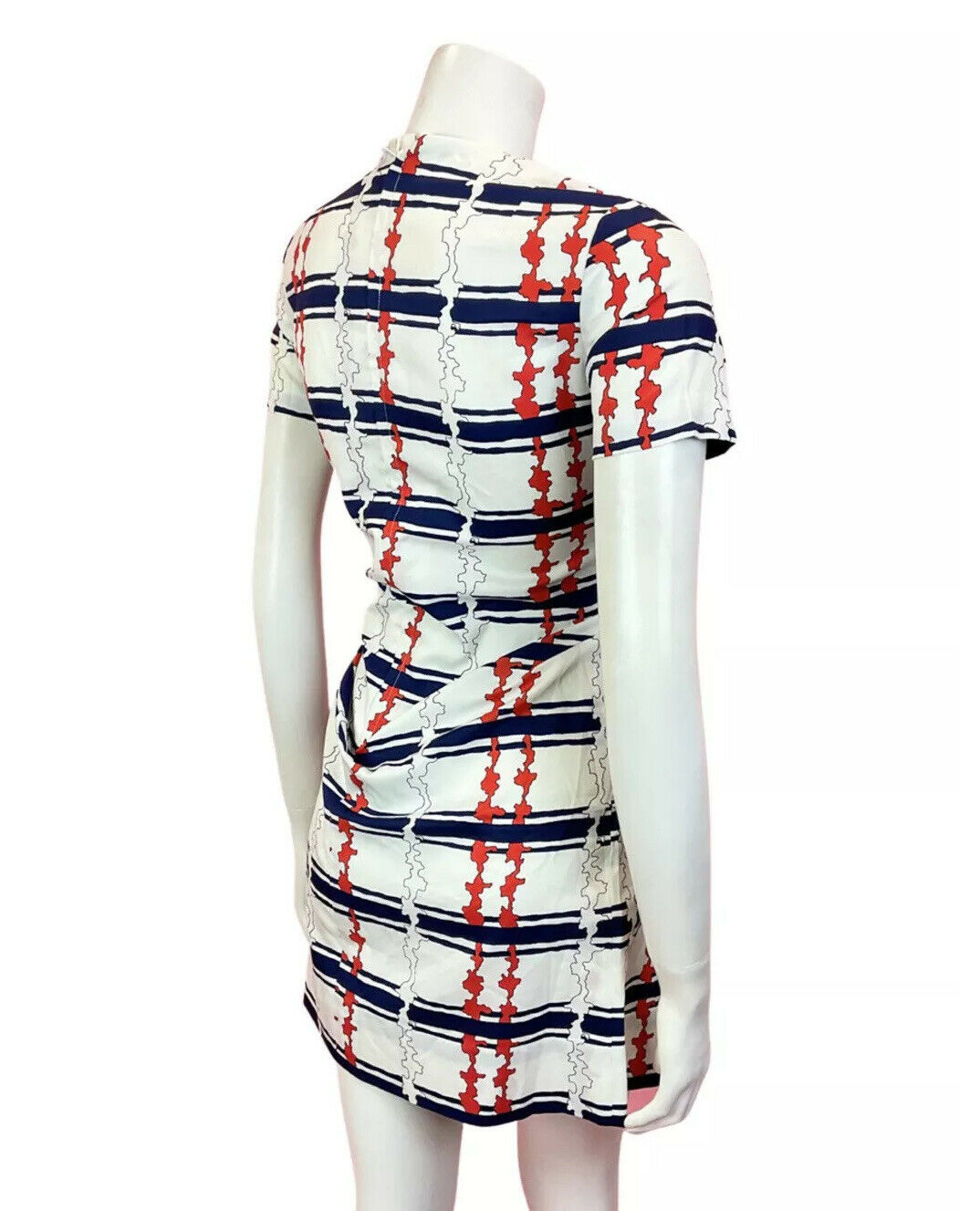 VINTAGE 60s 70s WHITE RED BLUE STRIPED MOD SCOOTER SHIFT MINI DRESS 8 10